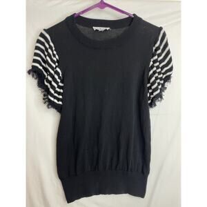 THML Black Pullover Knit Sweater Women Size Small Ruffle Fringe Short Sleeve